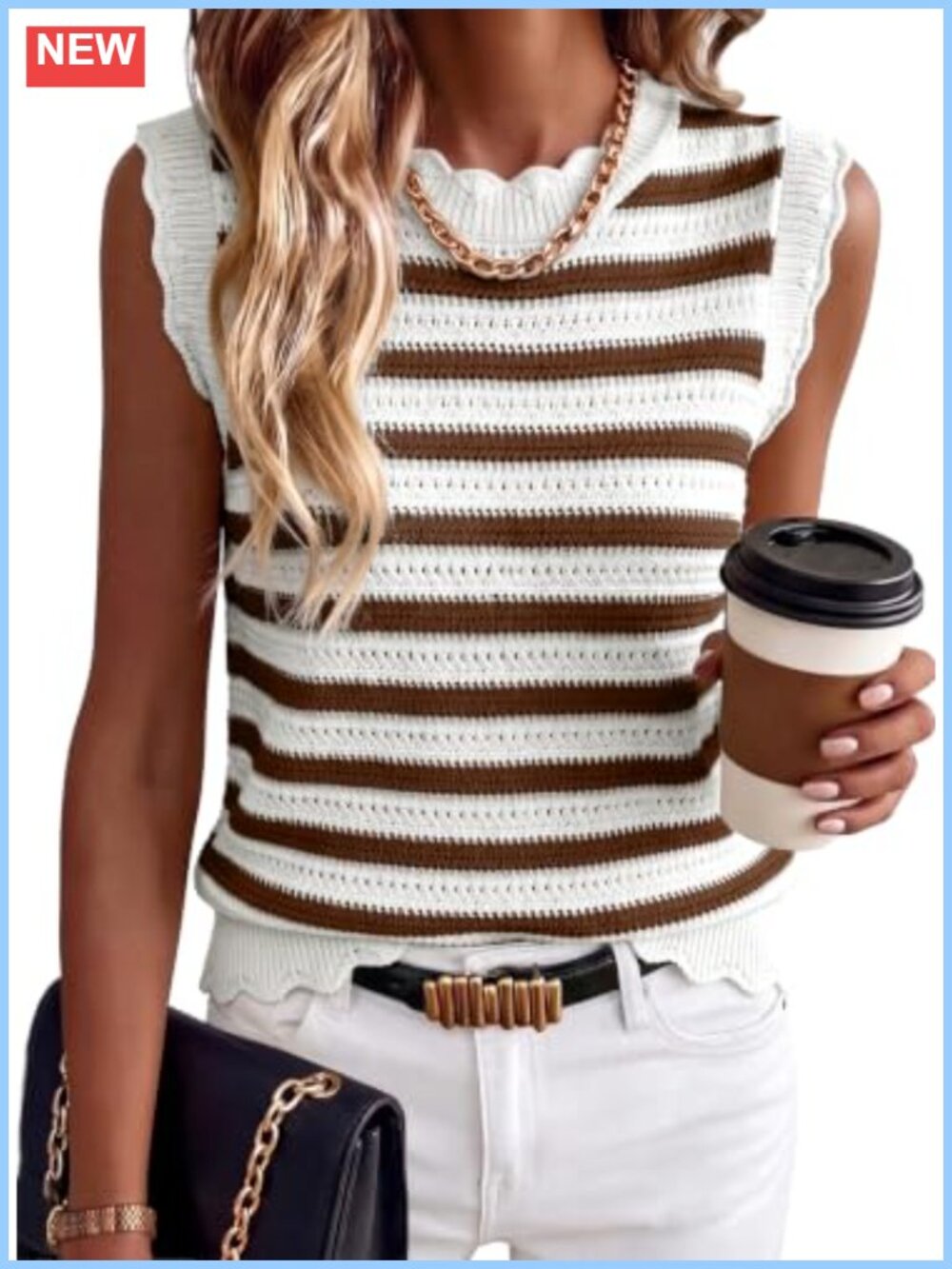 Striped Knit Sweater Vest Sleeveless Loose Fit Cropped Casual Top